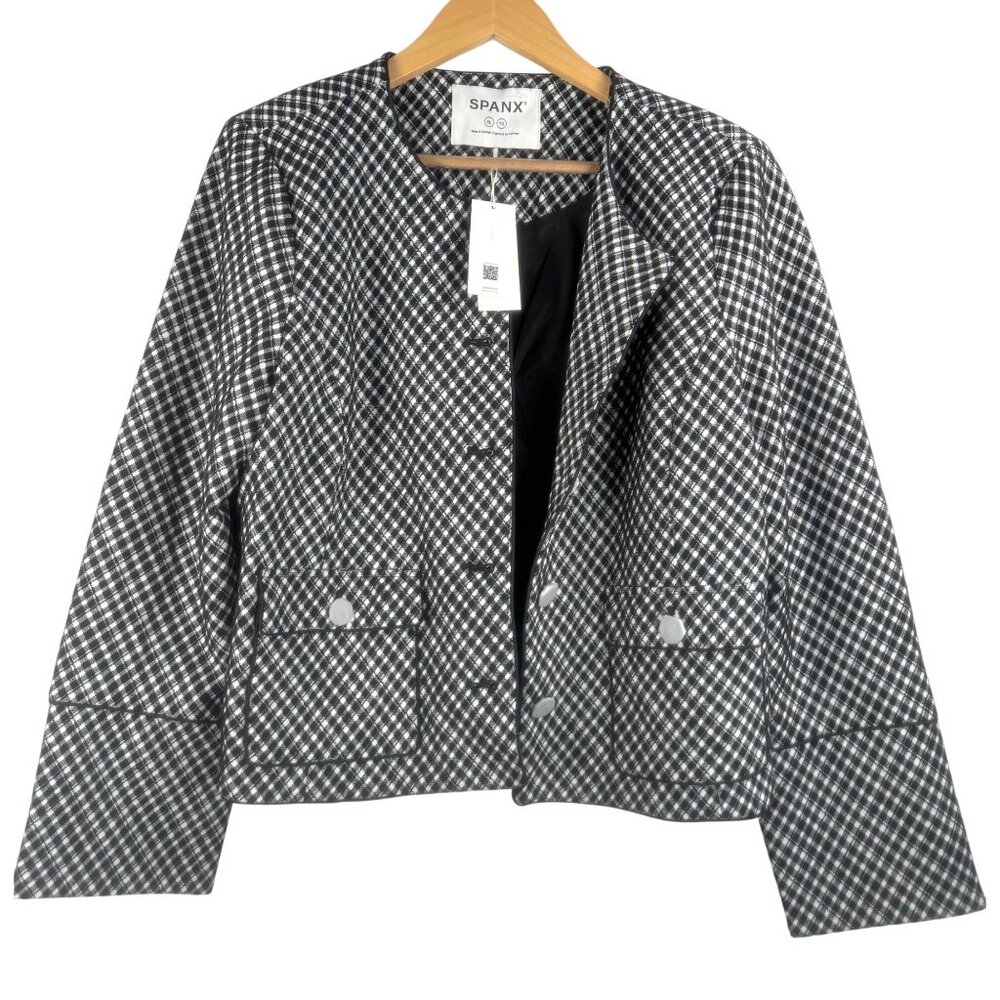 Spanx Ponte black white plaid blazer jacket preppy money office sz XL